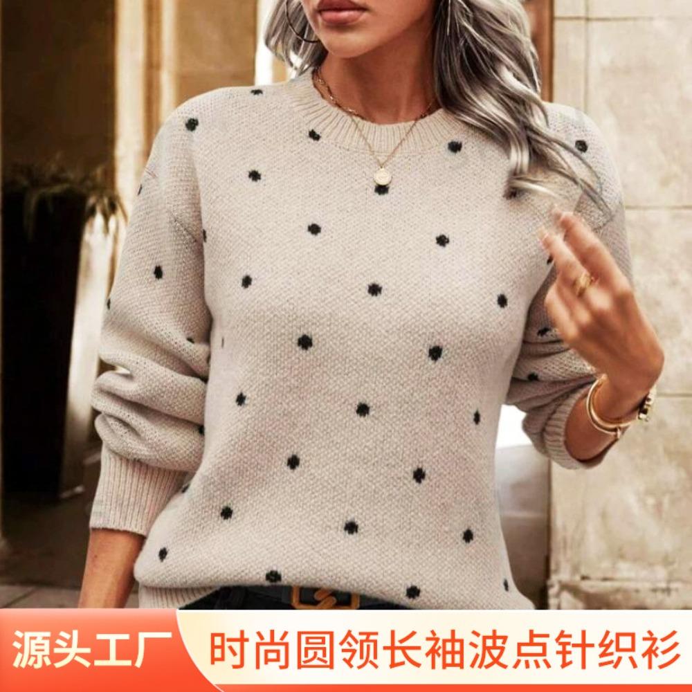 Women's Crew Neck Long Sleeve Polka Dot Jacquard Knit Pullover Sweater Casual Autumn Top