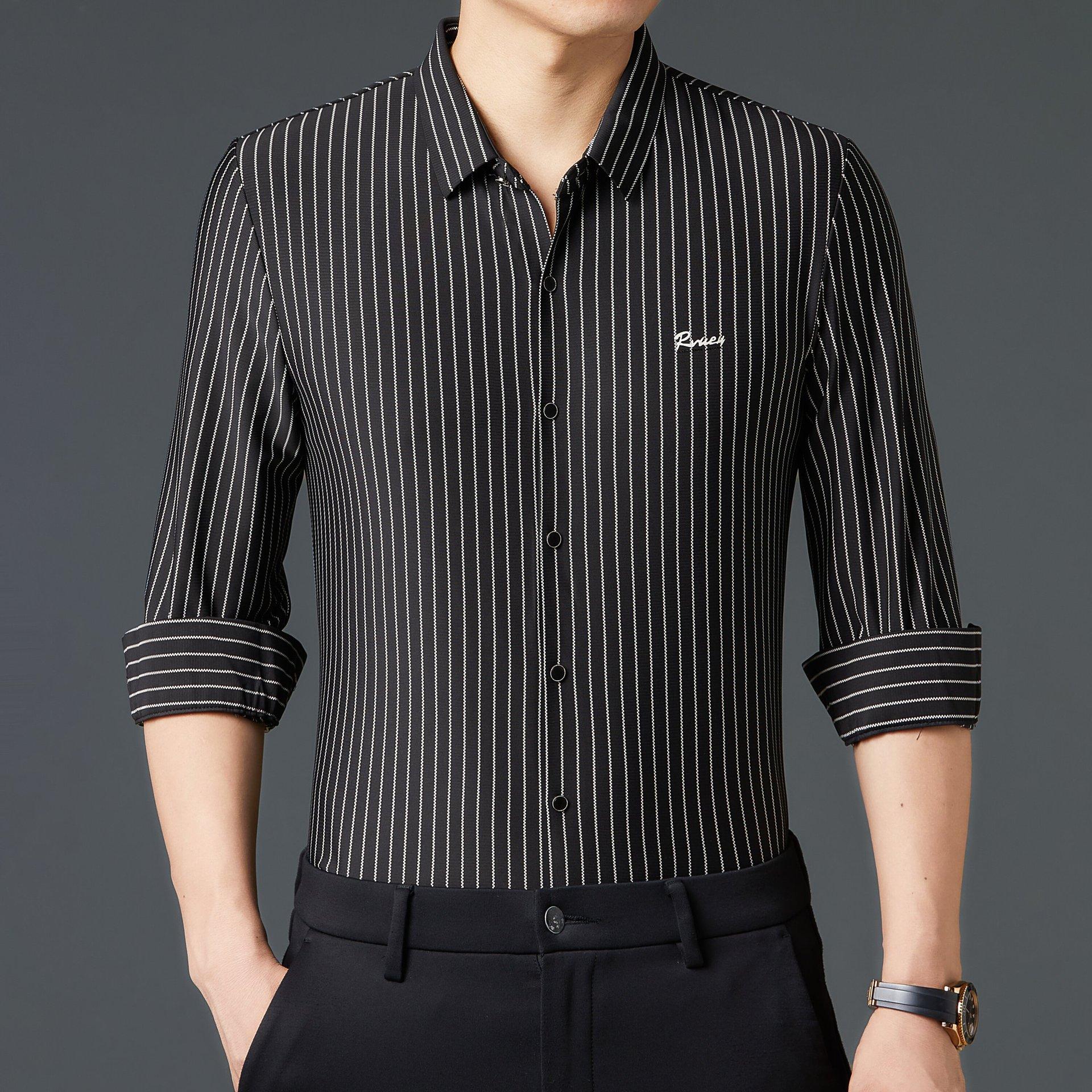 

Мужская рубашка Высококачественная Осенняя Полосатая Повседневная Мужская Высококачественная Одежда Мужская Рубашка с Длинным Рукавом 4XL