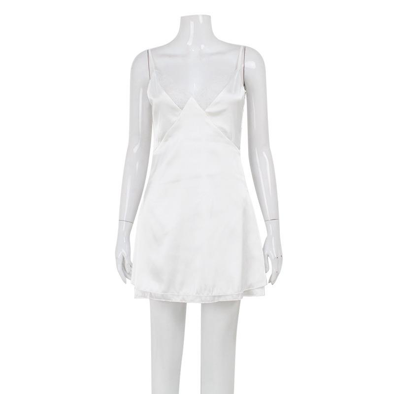 Women's Summer Fashion Temperament V-neck Satin Sexy Lace Patchwork Spice Girl Dress