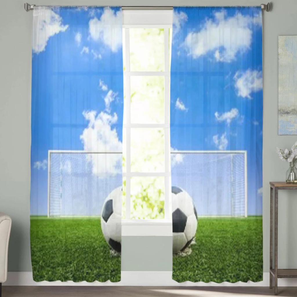 Soccer Ball On Green Grass Field Sheer Curtains For Living Room Kids Bedroom Tulle Curtains Kitchen Window Treatment Drapes