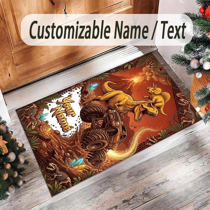 Dinosaur Theme Crystal Velvet Rug Personalized Custom Name Text Soft Floor Mat Home Decor