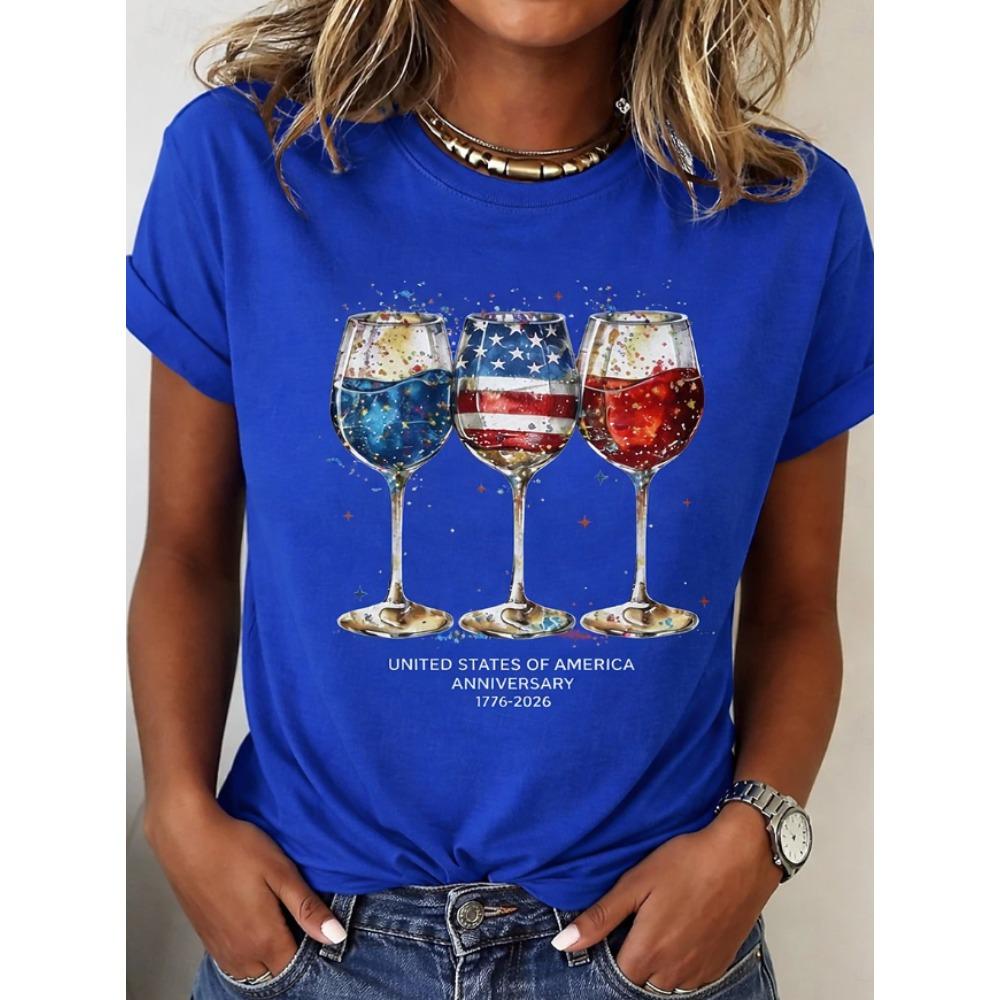 Fashion Women Retro Creative American Wine Glass Print T Shirt Funny Casual O-neck Short Sleeves T-shirt Summer Female Tee Shirt