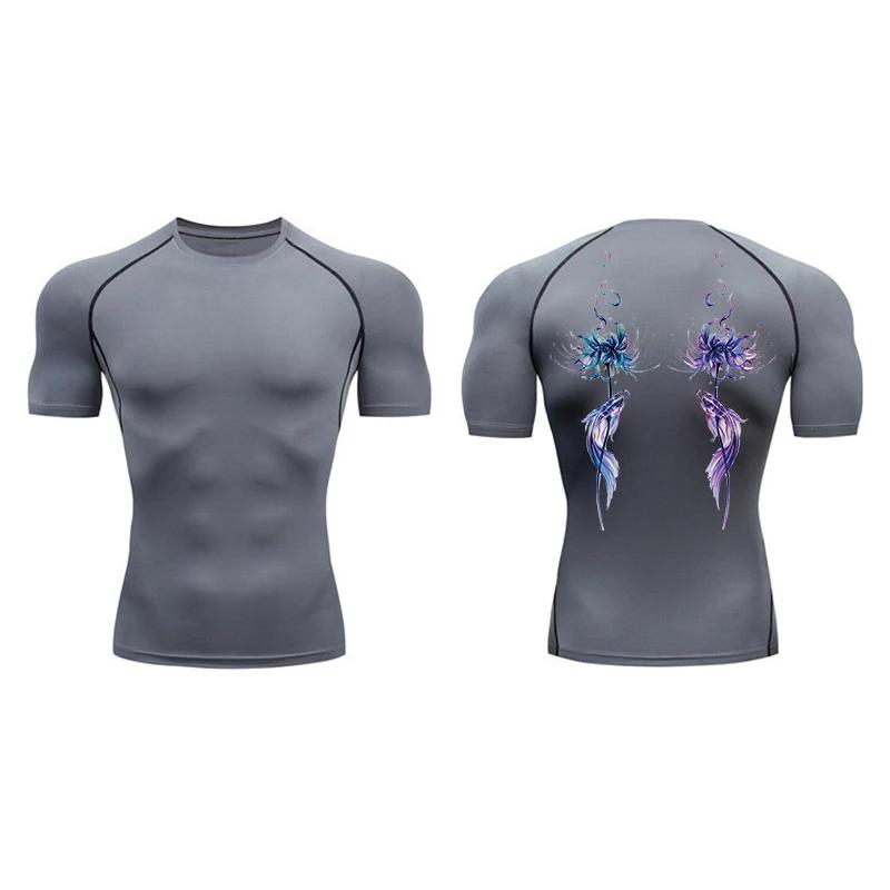 Blossom Print Short Sleeve Compression Tee Shirts Men Summer Athletic Quick Dry T-shirts Fitness Gym Workout Running Sporty Tops