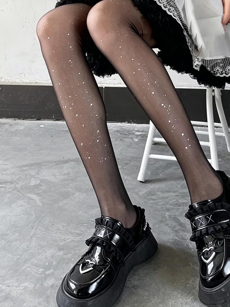 Women'S Sparkly Foil Print Galaxy Star Sheer Tights, 1 Pair Preppy Style Shiny Feminine Hosiery For Campus & Daily Outfits