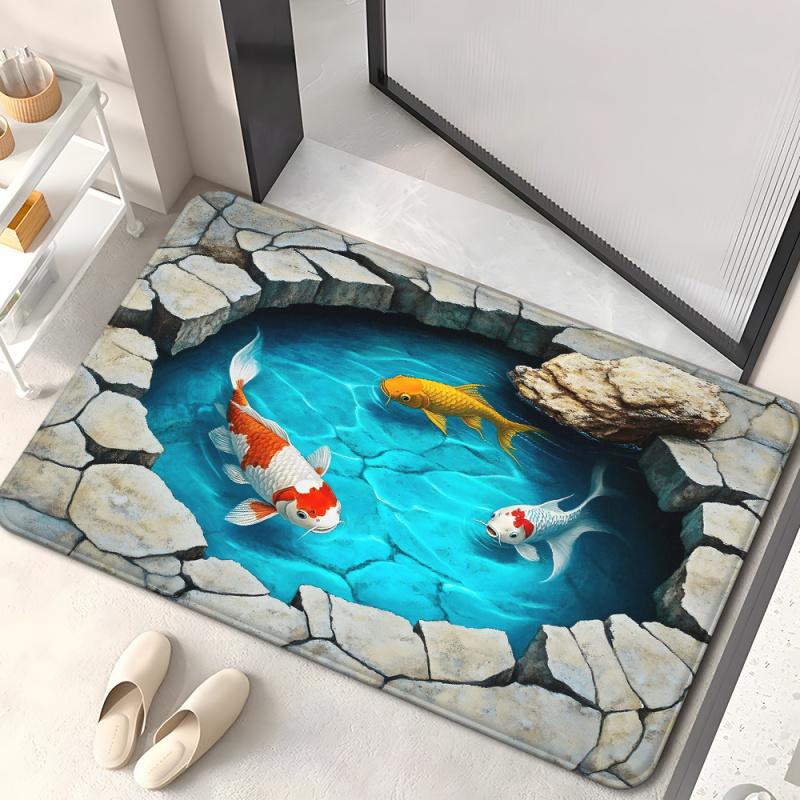 VIKAMA 3D Goldfish Pond Entry Floor Mat Visual Trap Bathroom Anti-slip Floor Mat Soft Kitchen Floor Mat Home Decoration
