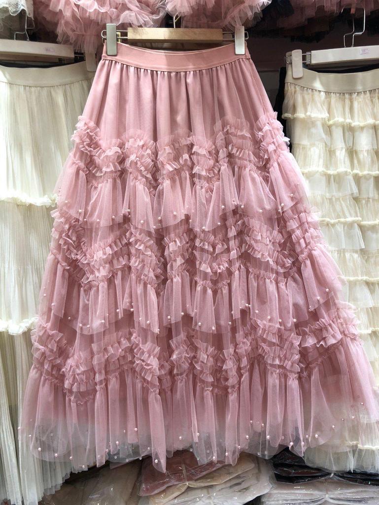 Fustă Midi din Tulle cu Mărgele Stratificate Complex: Rochie de vară subțire și versatilă pentru femei