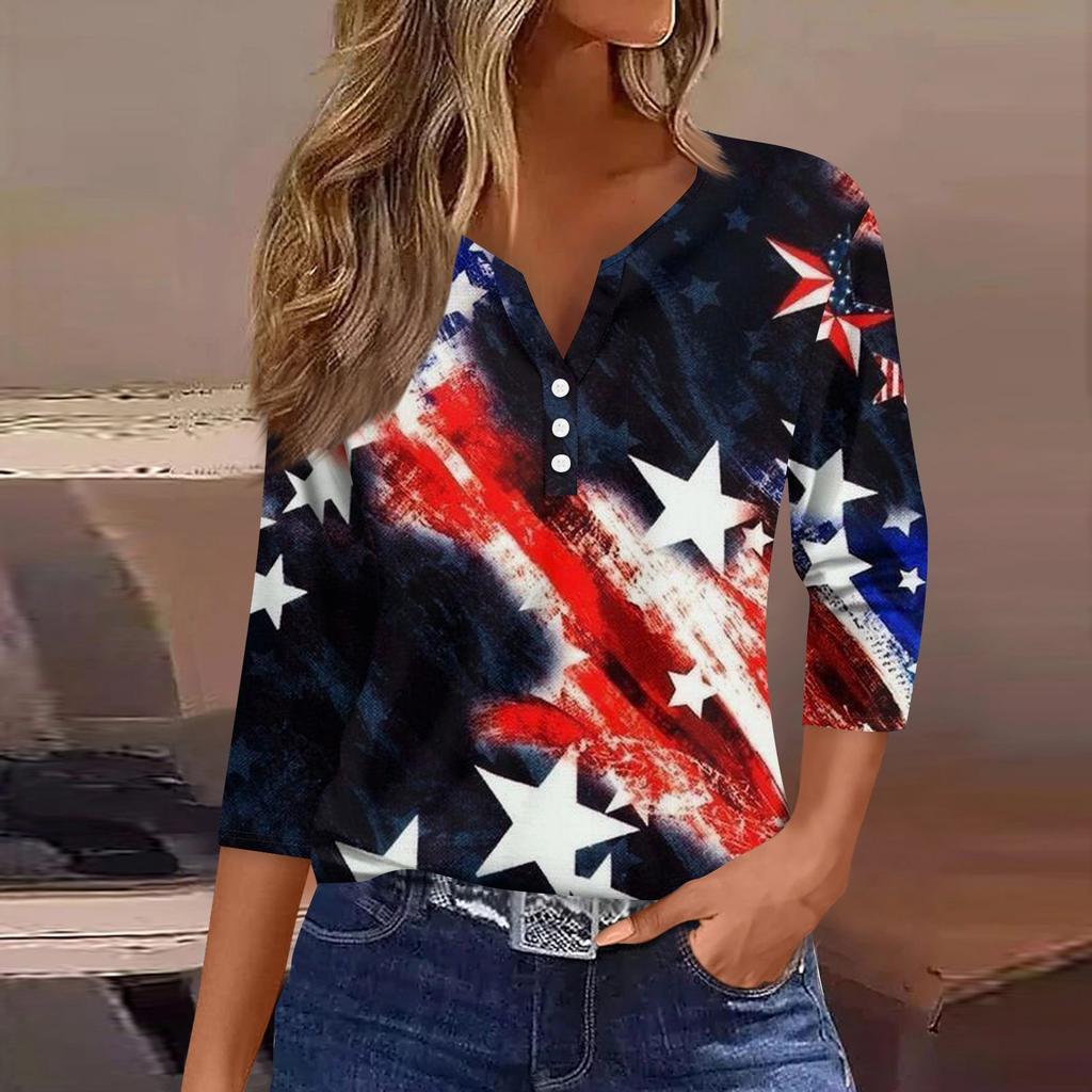 3/4 Length Sleeve Womens Tops Print Vintage Fashion Casual Loose With V Neck Plus Size Shirts Independence Day