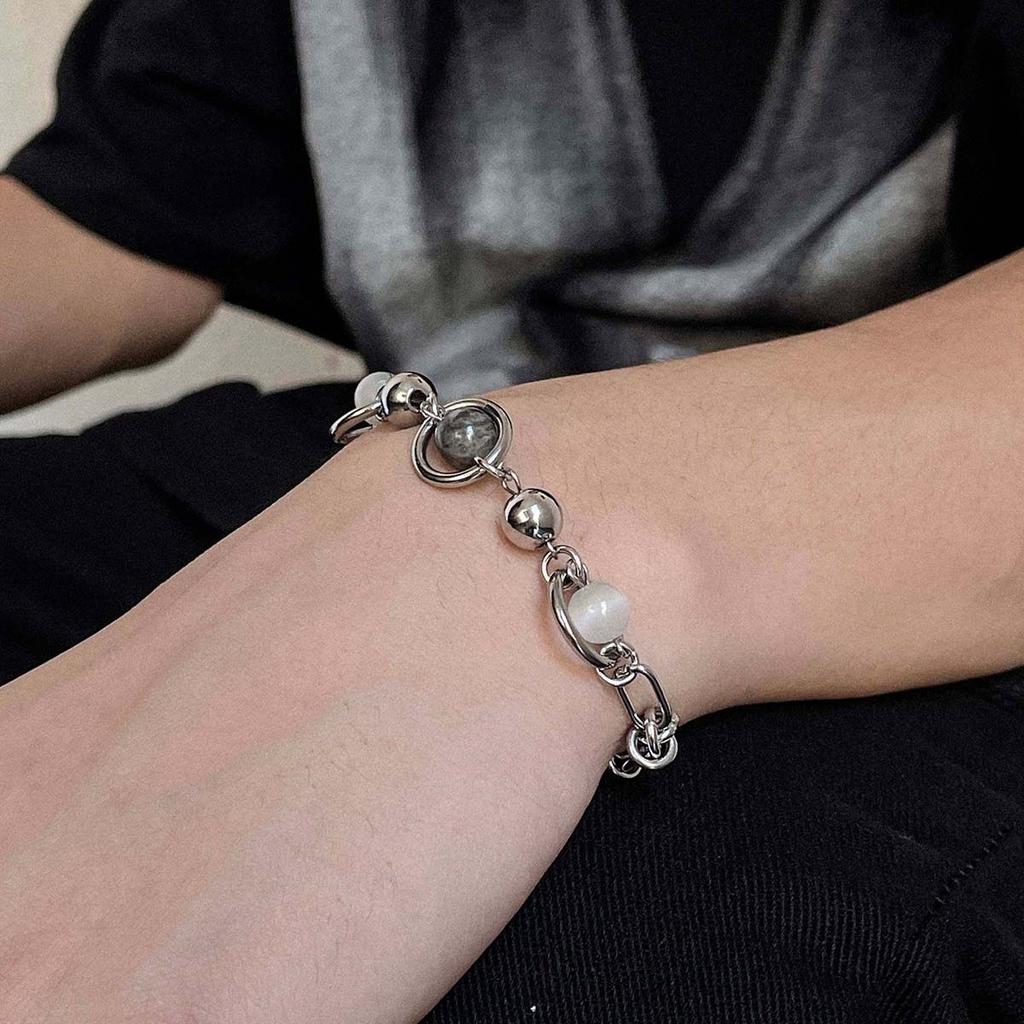 Hip Hop Planet Splicing Beaded Bracelet for Men Stainless Steel Unisex Versatile Hand Chain Cold Tone Personality Vintage Gift