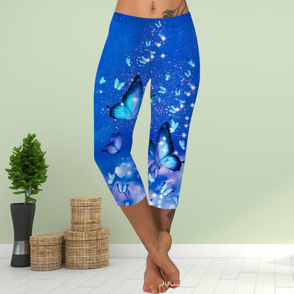 Pantaloni Estivi Leggings Corti Pantaloni Skinny Corti Tagliati Taglie Forti Leggins Donna Slim Pantaloni con Stampa Farfalla Lucida 3D