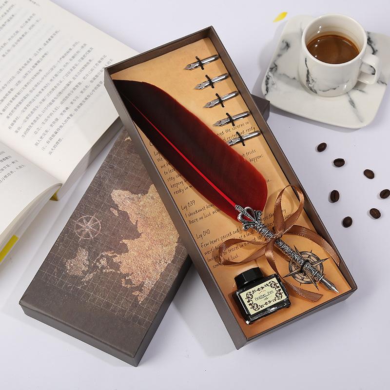 Map Creative Pen Gift Box Crown Quill Set Retro Metal Pen Pen Gift Pen