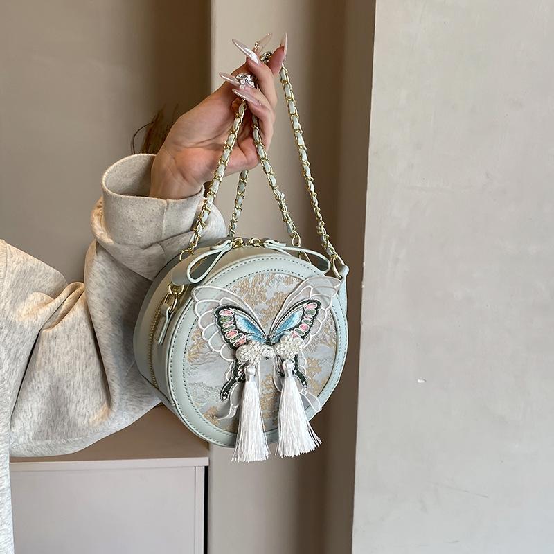 Women's Tassel Small Round Shoulder Bag Embroidery Butterfly Chain Bag For Women Summer Handbag