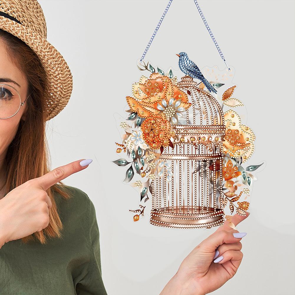 Acrylic Diamond Art Hanging Pendant Flower Birdcage Single-Sided 5D DIY Diamond Painting Dots Pendant for Home Wall Decor