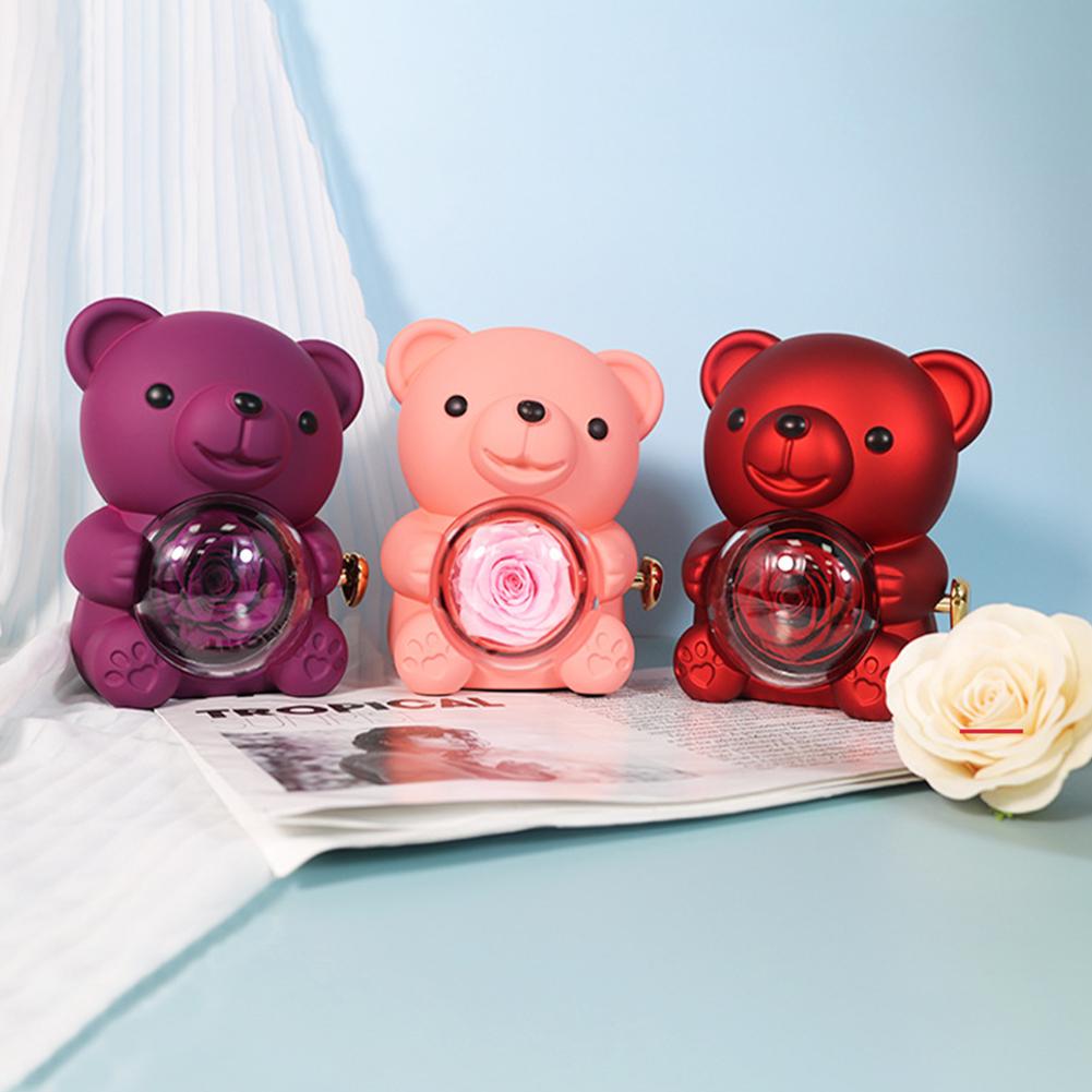 Preserved Rose Gift Box with Gift Bag Bear Hug Eternal Rose Gifts Rotating Bear Rose Jewelry Box for Mothers Day