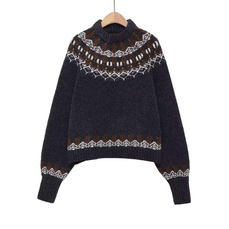 Womens Winter Knit Sweater Loose Fit Charcoal Black Jacquard Round Neck Casual Office Wear