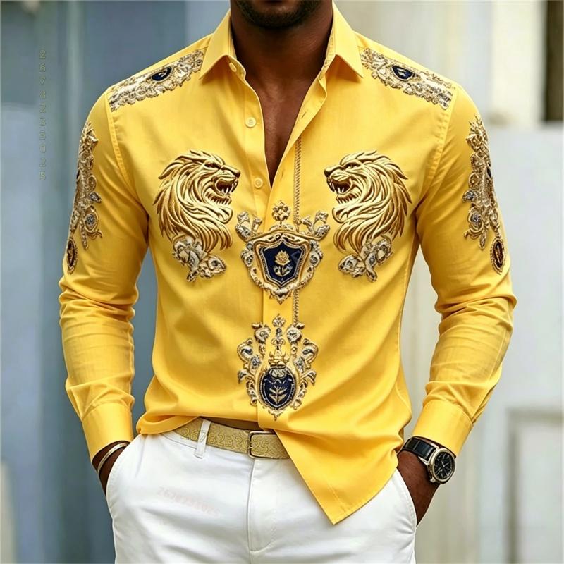 Camicia da uomo stile Barocco testa di leone design slim fit manica lunga camicia Business casual stile street abbigliamento uomo XS-6XL