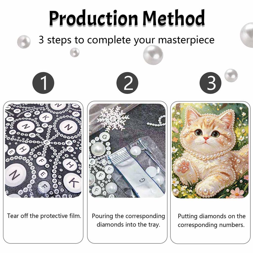Framed Pearl Painting Kit Cute Kitten Pattern DIY 3D Bead Art Canvas Relaxing Handmade Craft for Adults Stress Relief Creative Home Decor