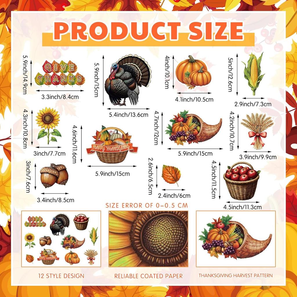 60 Pcs Thanksgiving Cutouts Fall Bulletin Board Decoration Turkey Leaves Pumpk Acorn Cutout for Thanksgiving Fall Harvest School Office Classroom
