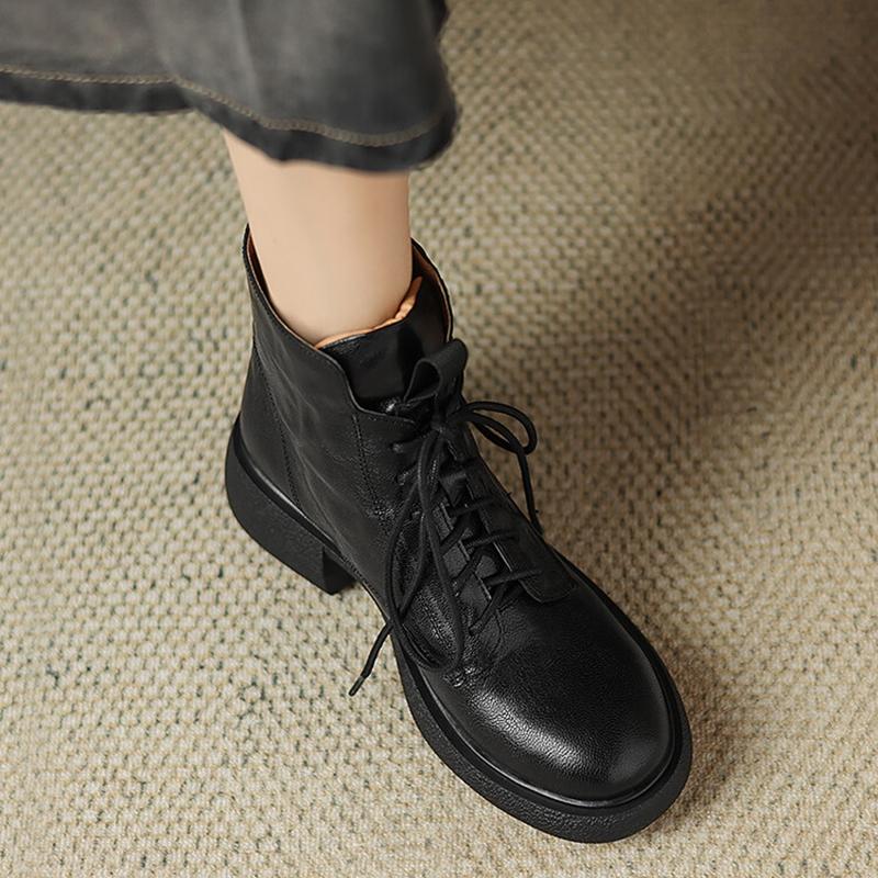 Fashion NEW Autumn/Winter Women Boots Genuine Leather Shoes for Women Round Toe Chunky Heel Shoes Lace-up Riding Boots Black Ankle Boots