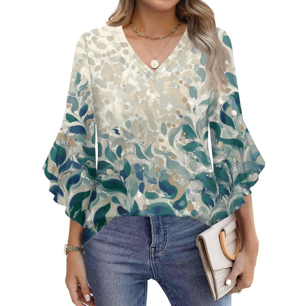 Blouses For Women Dressy Casual 3/4 Length Sleeve Womens Tops V Neck Tshirts Shirts With Flared Sleeve