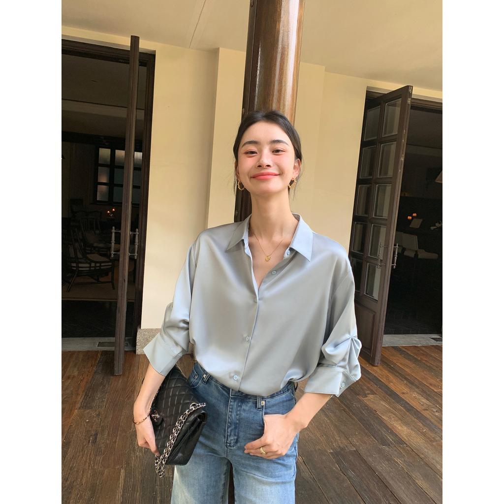 Pusumed Premium Acetate Shirt Women's Satin Glossy Loose Drop Seven-Sleeve Temperament Commuter Top