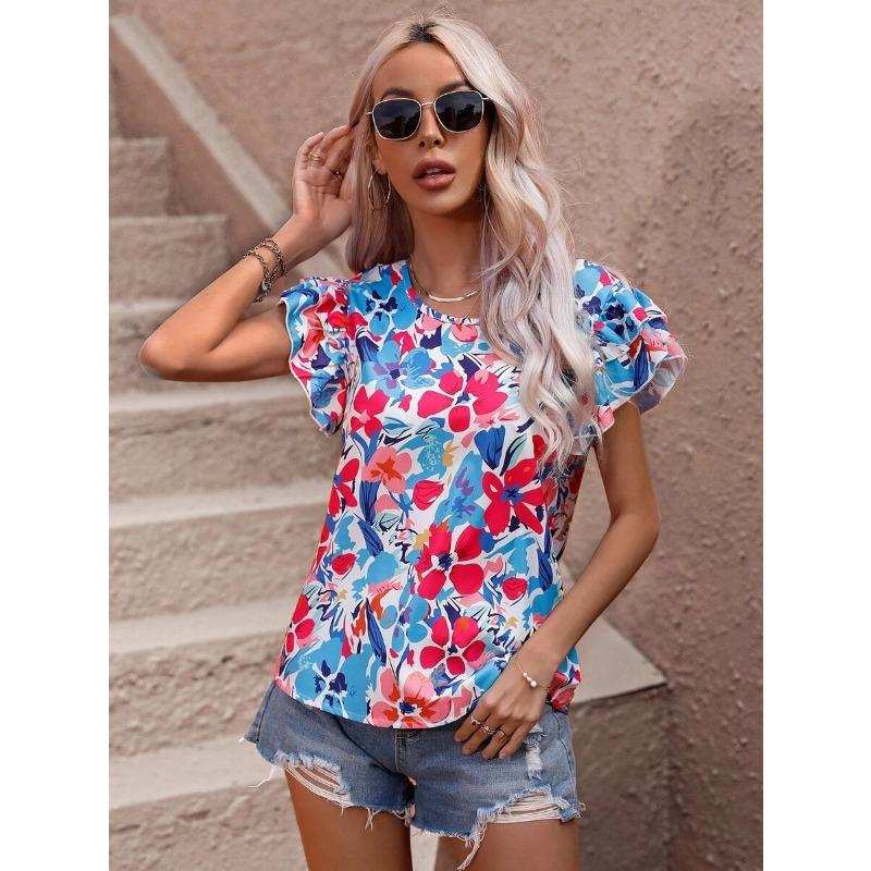 Dámská móda Ležérní Léto Jaro Květinový potisk Blůzy a košile s krátkým rukávem do O