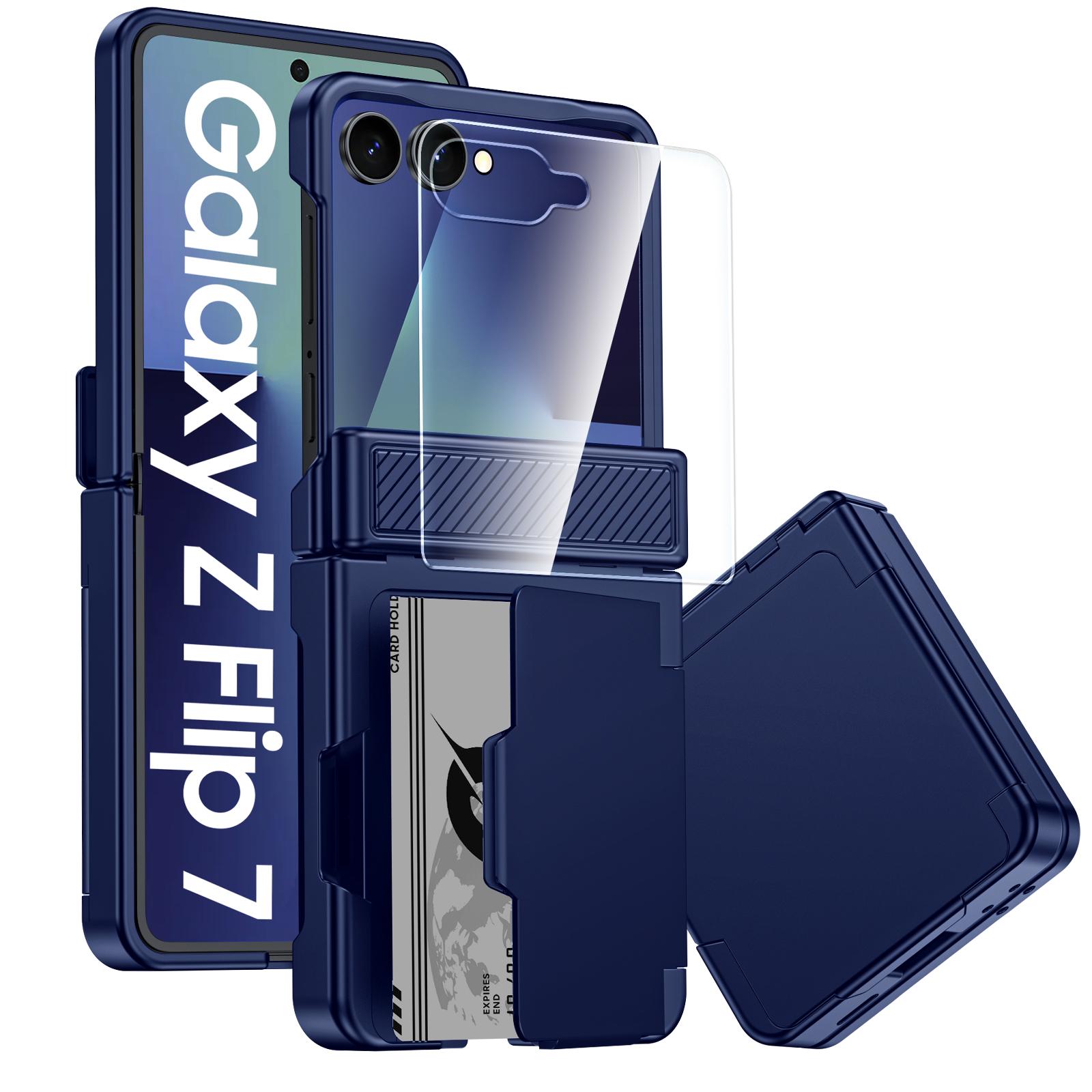 Для Samsung Galaxy Z Flip 7 с держателем для карт [RFID-блокировка] и защитой шарнира и HD-защитой экрана, Прочный противоударный чехол для телефона - Мятно-зеленый синий
