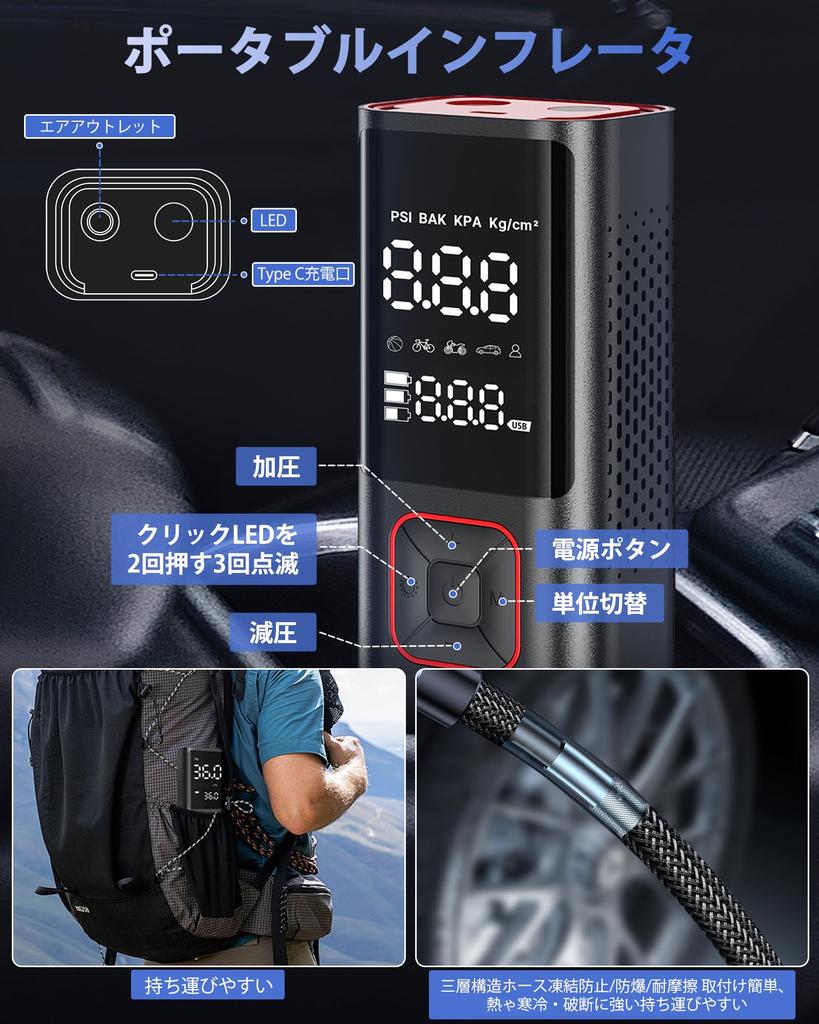 Kemiuu Elektrofahrrad Groß 150PSI Maximum Anpassbare Aufpumpung Automatischer Ausgangsport für Schnell Kompatibel mit und Beinhaltet Aufbewahrung und Japanisch