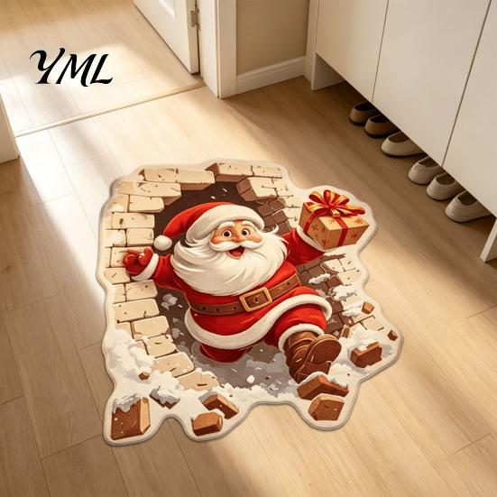 Winter Indoor Welcome Mat Christmas Entrance Mat, Santa Claus Entryway Rug, Non-Slip Imitation Funny Wall Breaking Cashmere Rug for Kitchen