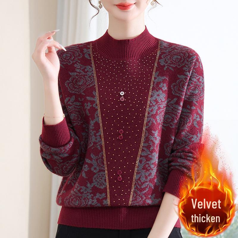 Elegant Knit Top for Middle-Aged & Elderly Women - Autumn/Winter Half-High Collar with Fleece Lining
