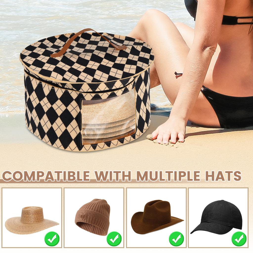 Hat Storage Box Non Woven Household Goods Sundries Storage with Clear Side Window and Handle Large Capacity Round Travel Bags