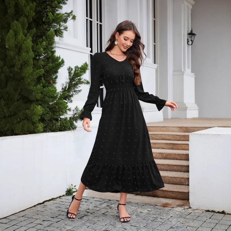 New V-neck Long-sleeve Dress Jacquard Waist Dresses