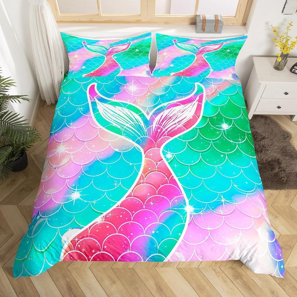 Copripiumino con Scaglie di Pesce Copripiumino a Coda di Sirena Matrimoniale Microfibra Ragazza Guscio Stella Marina Set Biancheria da Letto Per Bambino Adolescente Stanza Kawaii Decorazione