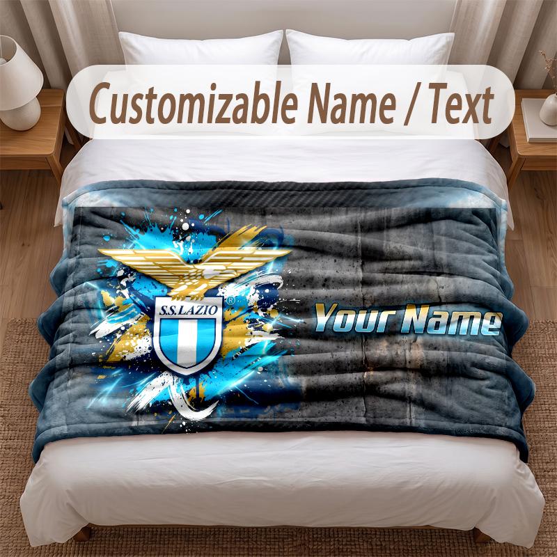 Lazio FC Printed Flannel Blanket Custom Name Text Soft Warm Throw For Bedroom Holiday Gift