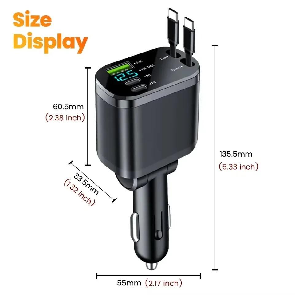 5 In 1 150W Car Charger with 2 Retractable Cables USB Type C Super Fast Charging Adapter with Voltage Display for iPhone & Android