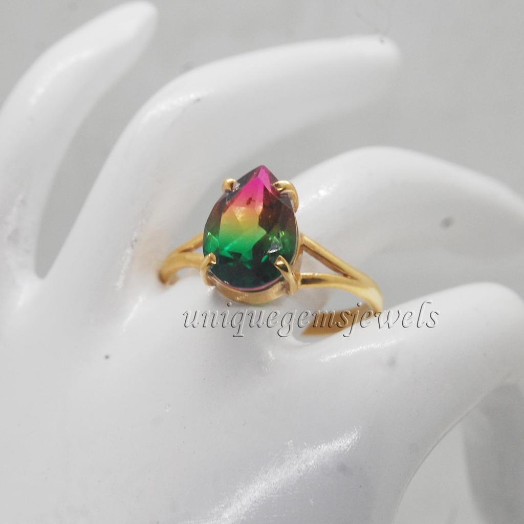 Pink Green Watermelon Tourmaline Quartz 925 Sterling Silver Ring, 18K Rose Gold, 18K Yellow Gold Ring, Split Band Signet Zodiac Jewelry