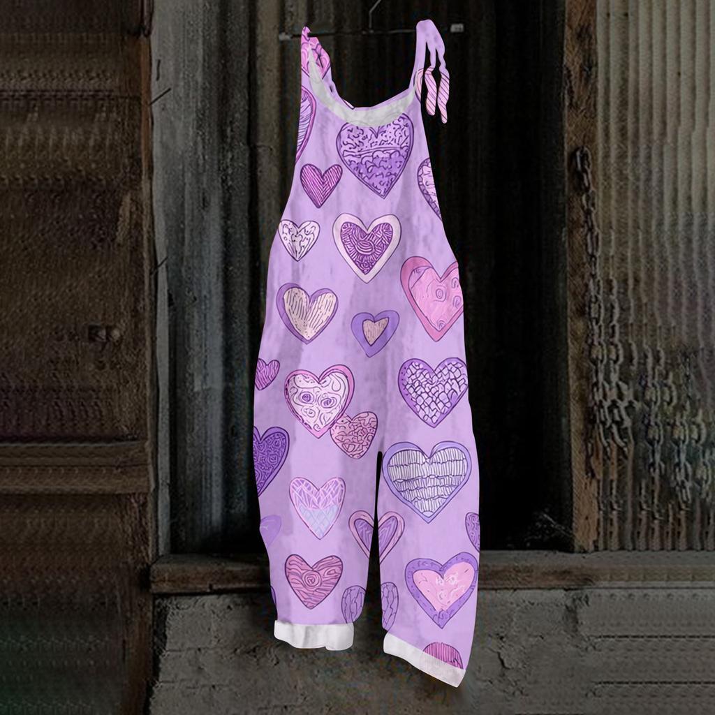 Women's Heart,shaped Printed Casual Loose Retro Overalls Cotton and Linen One,piece Pants