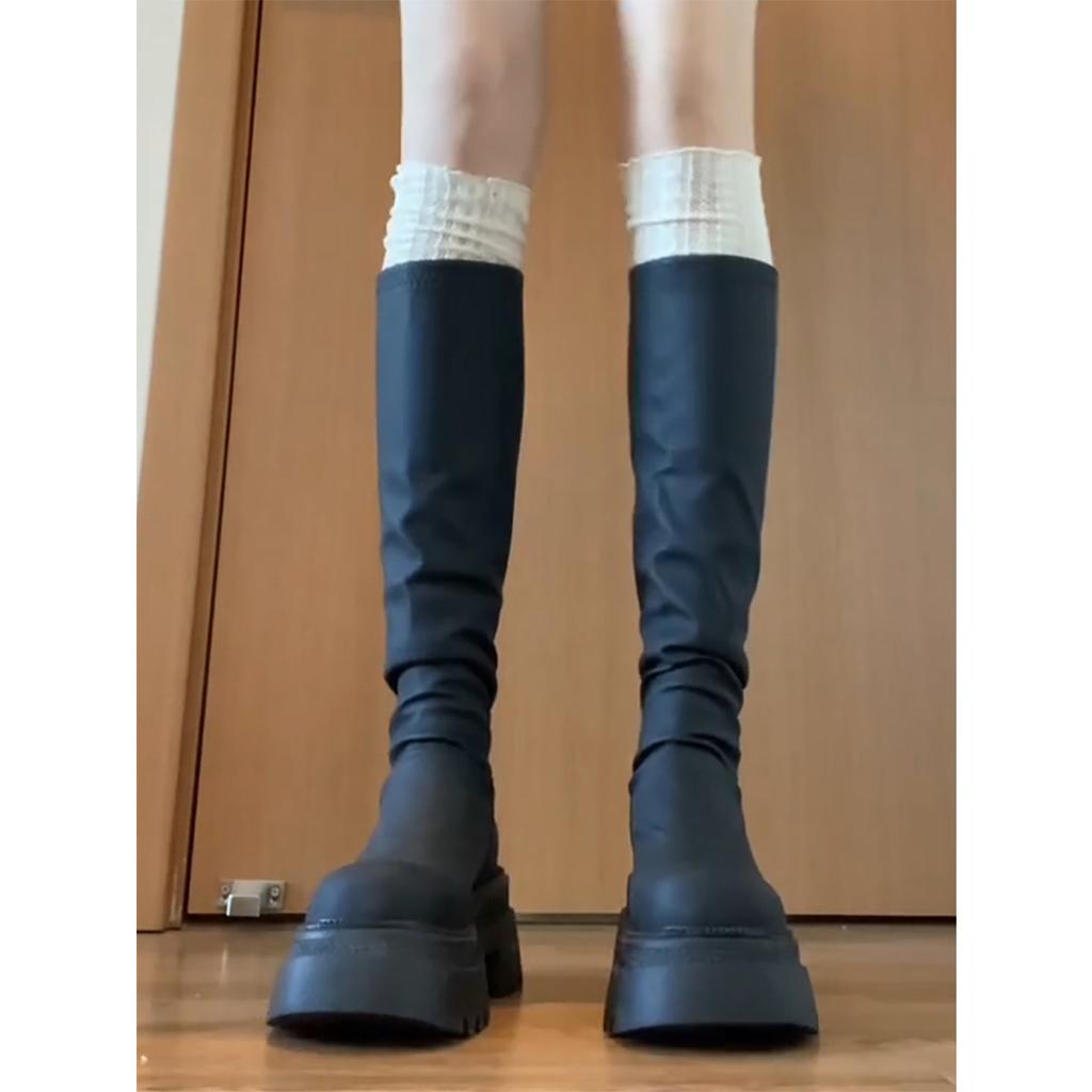 Thick-Soled But Knee-Thin Boots Retro Black Boots Tall Knight Boots Heightening Versatile Stacking Boots