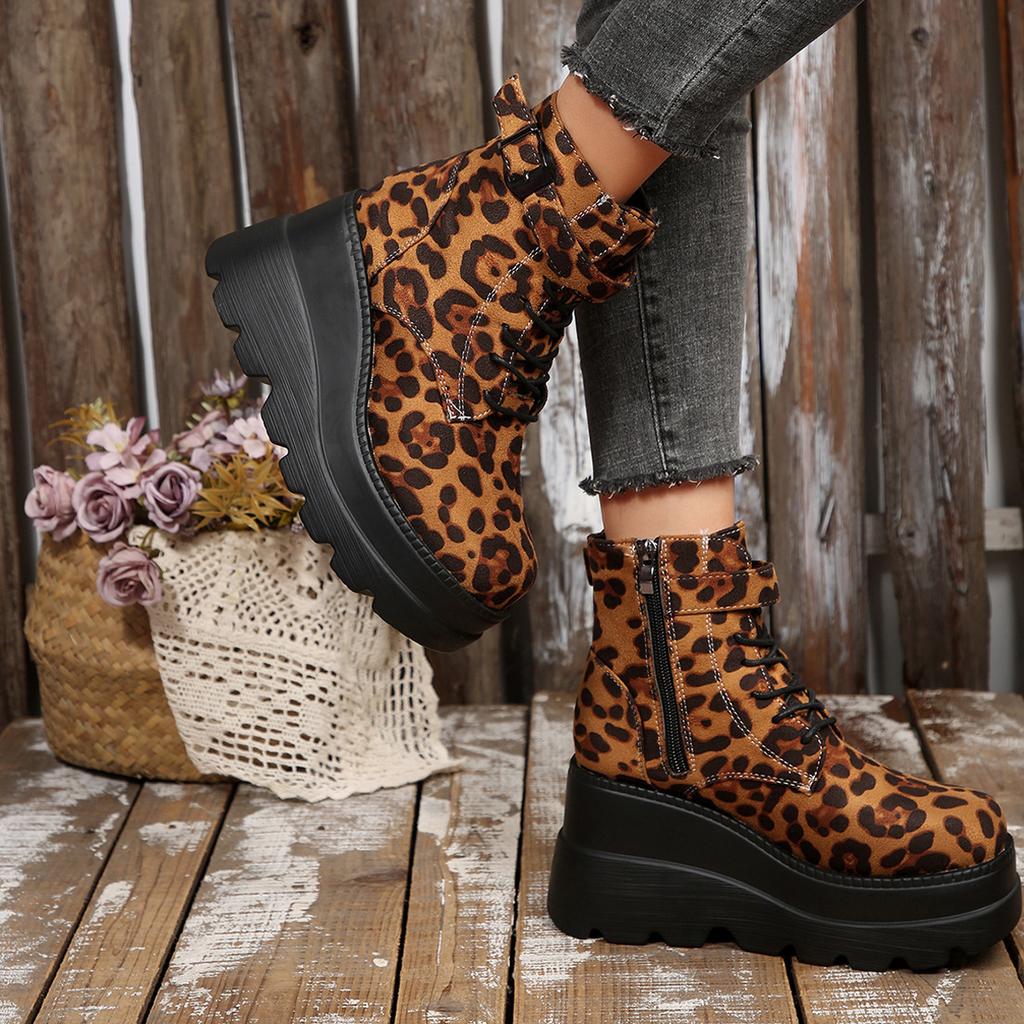 Women 2025 Leopard Plus Size Ankle Boots Side Zip Front Lace-up High Heels Shoes Wedges Platform Comfortable Outdoor Wedge Boots