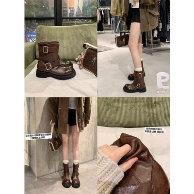 Bottes courtes western pour femmes en cuir de cheval lavé, à double boucle et talon épais, style locomotive.