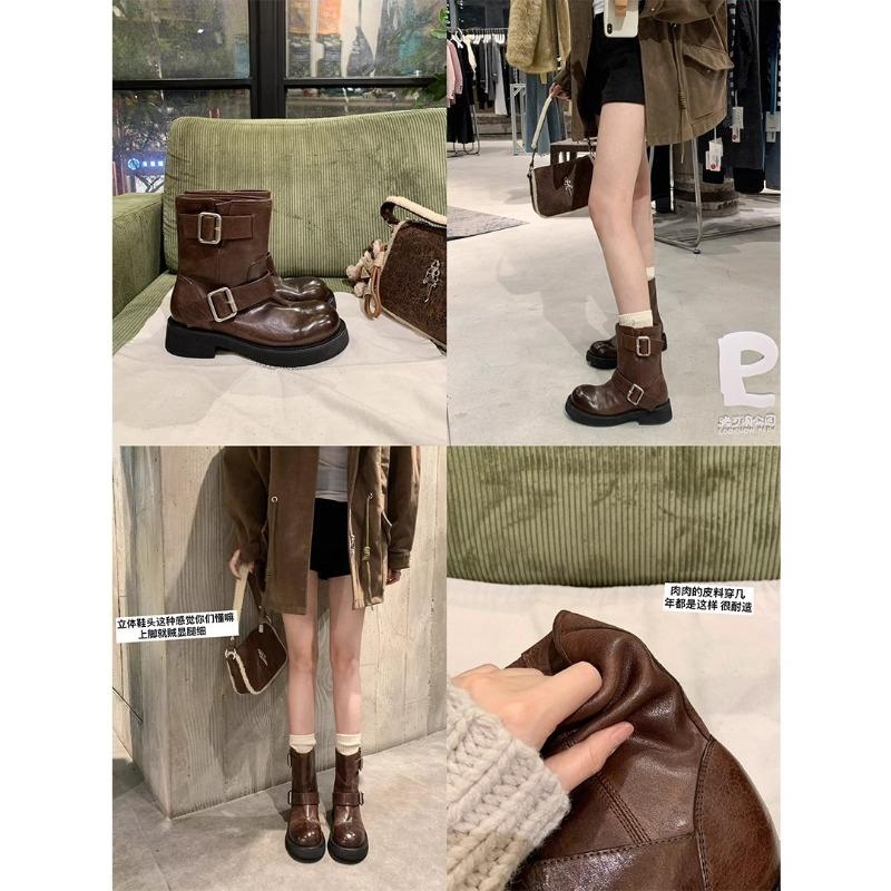 Washed Horse Leather Double Buckle Thick Heel Platform Locomotive Short Boots Women's Western Short Boots