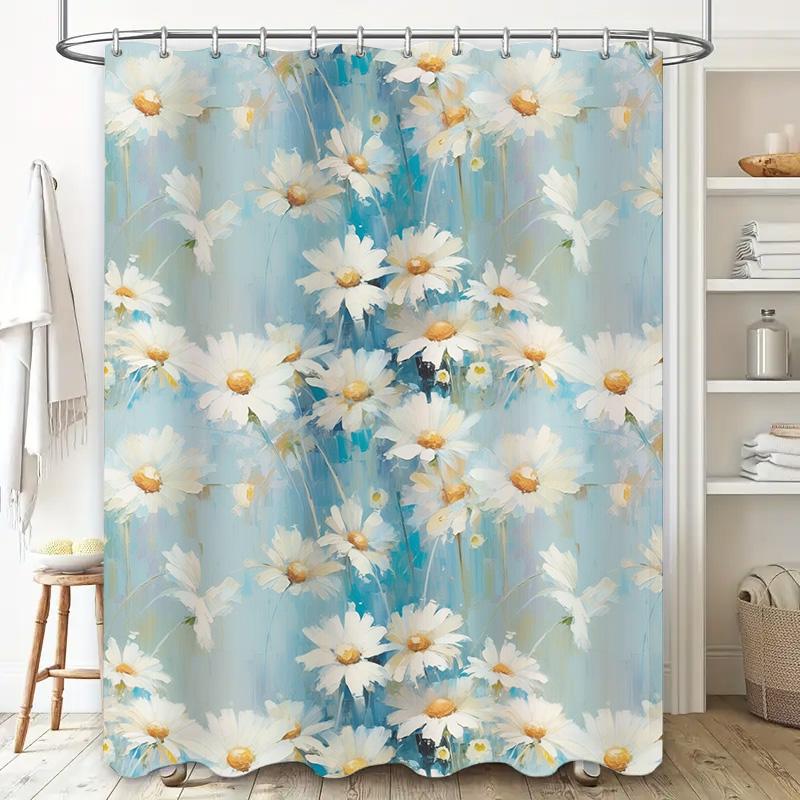 Floral Print Shower Curtain Modern Decorative Waterproof Bath Mat Cover Blue White Daisy Pattern for Bathroom Decoration Size Cu