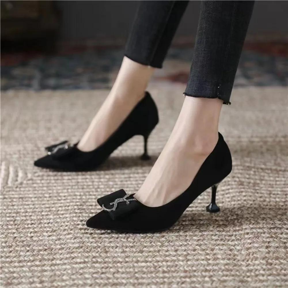 

In 2025, The New Rhinestone Pointed Stiletto Heels with Women s Suede Joker Hollow Buckle with Women 34