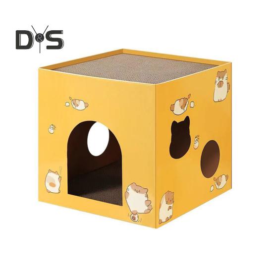 

Картонный домик для кошек с когтеточкой, квадратная гофрированная коробка для кошек, прочный домик для игр и сна для домашних кошек весом до 12 фунтов L разноцветный
