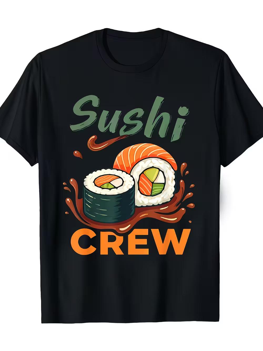

Men s Sushi Crew Graphic T-Shirt - Black Casual Short Sleeve Round Neck Tee with Vibrant Sushi Roll Illustration L