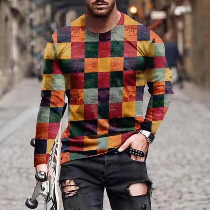 Men's Spring Summer Long Sleeve T-Shirt Green Geometric Patchwork Print Casual Streetwear