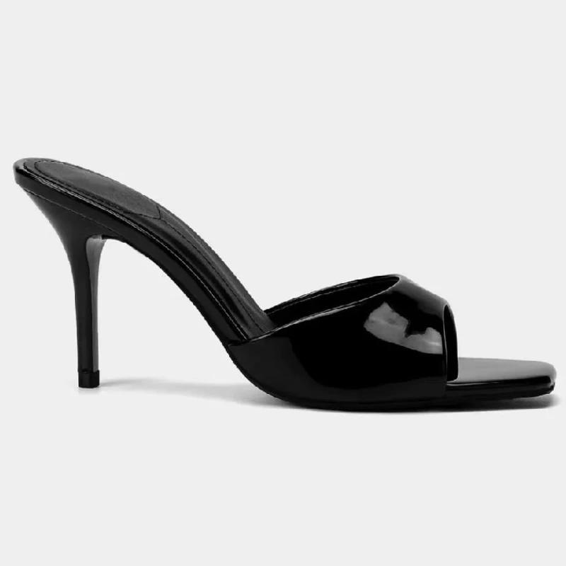 Fashion Retro Brown Patent Leather High-Heel Slipper Women Fashion Shallow Square-Toe Thin Heel Slide Sandals Elegant Banquet Dress Shoe