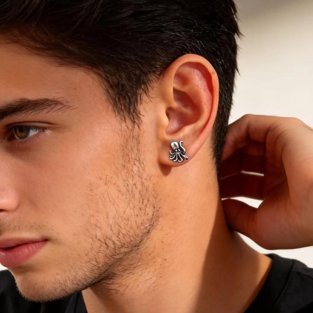 Fashion Octopus Stud Earrings for Men Teens, Stainless Steel Animal Hip Hop Earrings, Vintage Piercing Jewelry Accessories