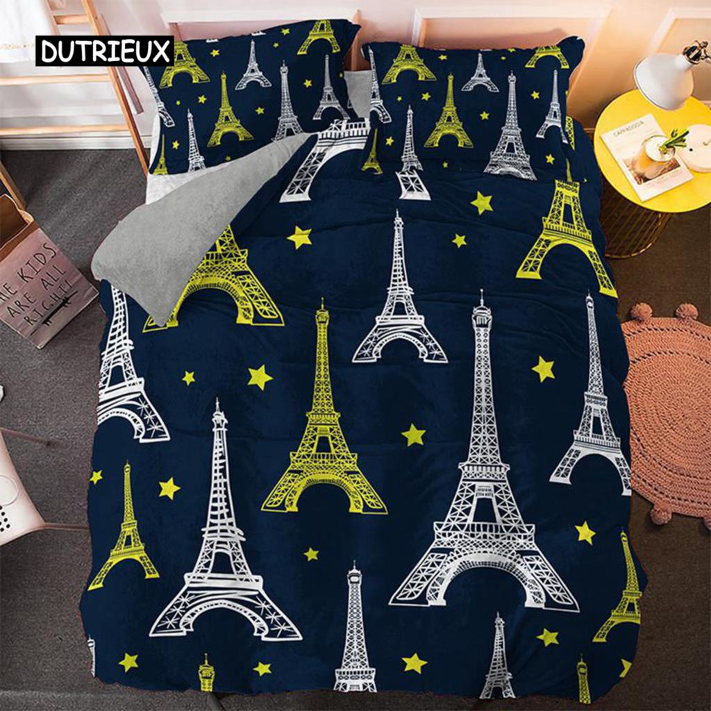 Eiffel Tower Duvet Cover Set Microfiber Paris Theme World Famous Architecture I Love Paris Pattern Bedding Set for Girls Woman