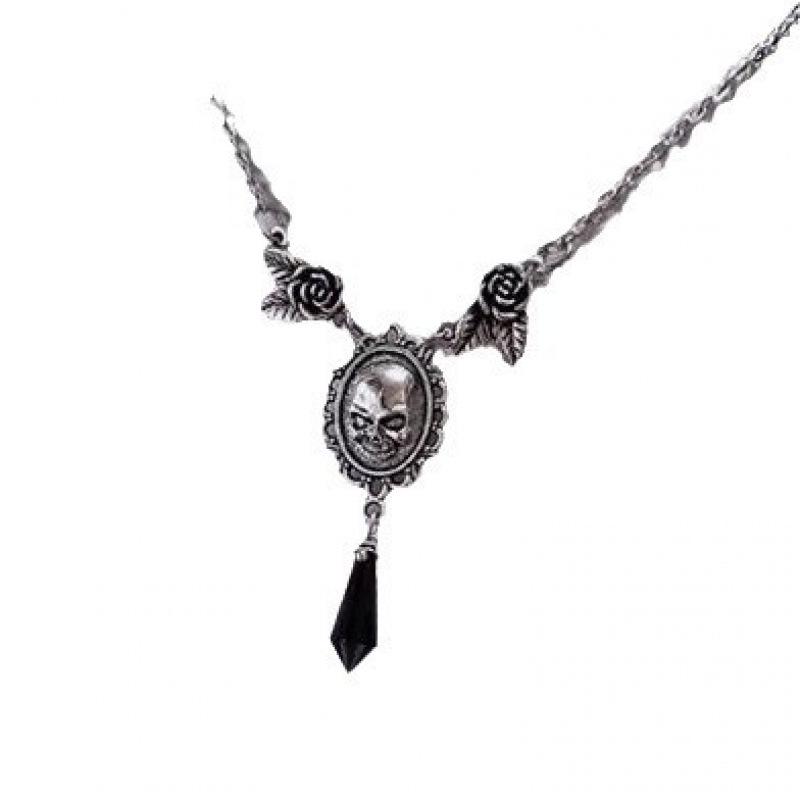 Gothic Dark Skull Rose Black Crystal Necklace Pendant