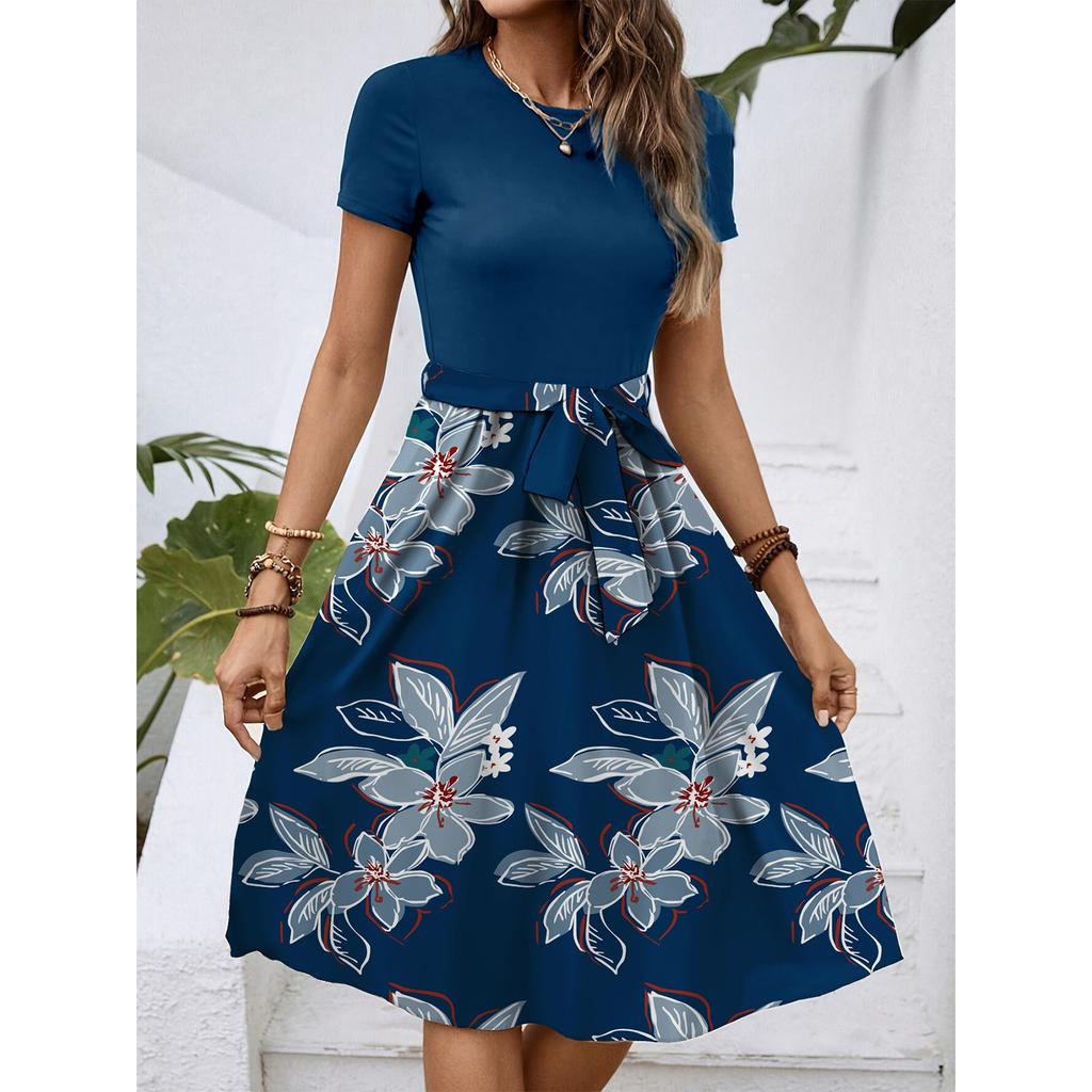 Kadın Modası Şık Retro Desenli Baskı Renk Bloklu Kemerli Günlük Elbise